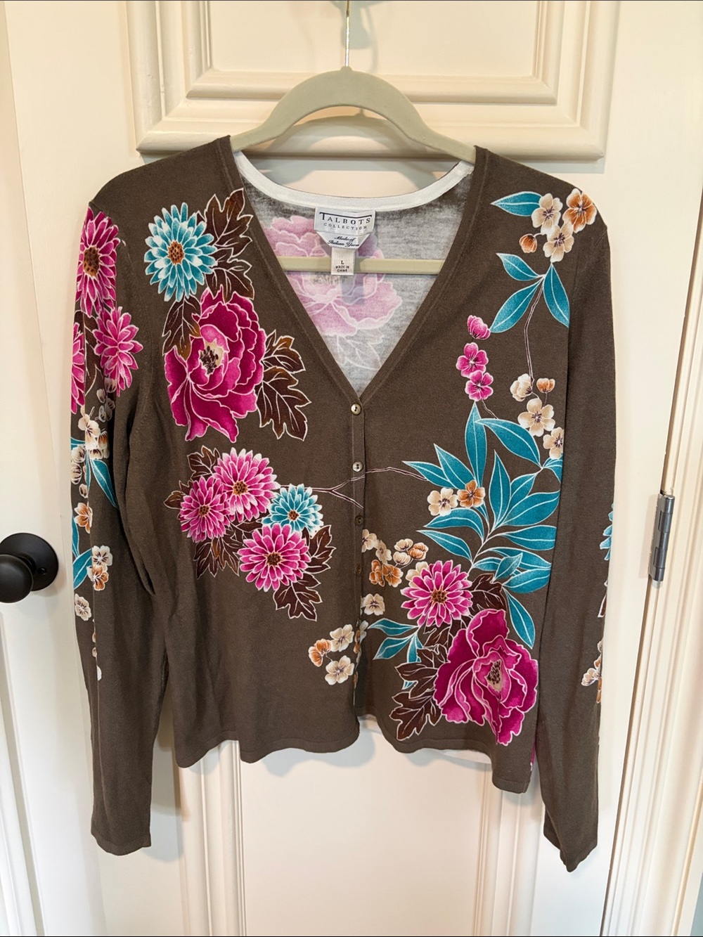 Talbots Brown V-Neck Cardigan with Pink & Teal Floral Print